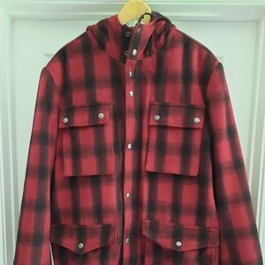Merona Wool Blend Plaid Hooded Coat Jacket Heavyweight Red Black Size XL